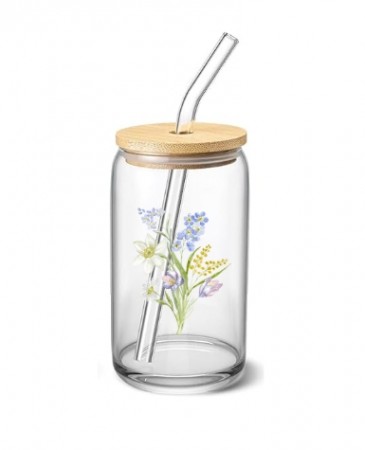 Flower glasskopp med bambuslokk og glassugerør 